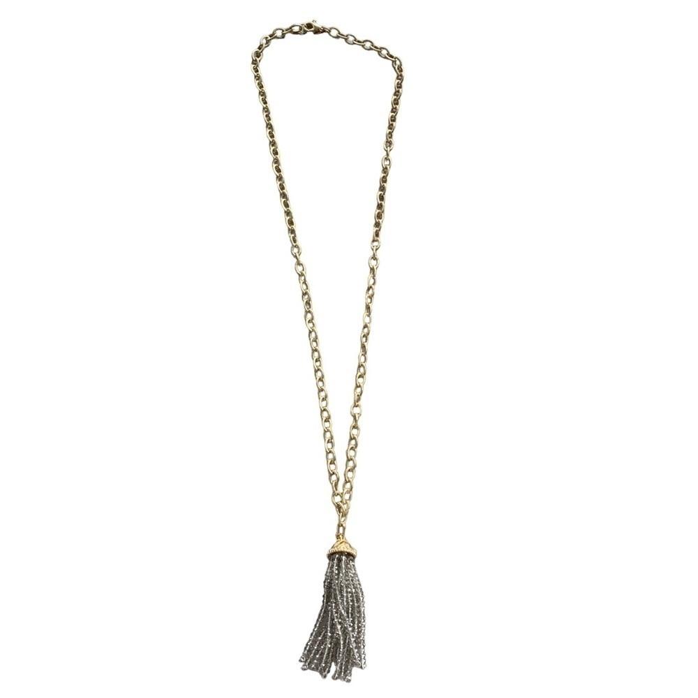 Adrienne Goldtone Tassel Necklace Gray 18” Chain 4” Tassel